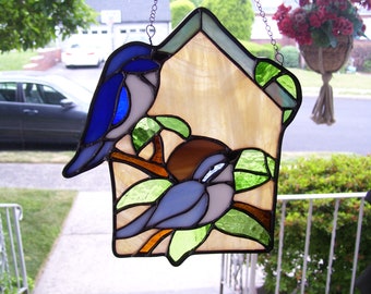 Stained Glass Blue Bird on a Bird House Sun catcher