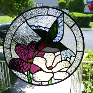 Stained Glass Blue Hummingbird in Wildflowers Sun catcher