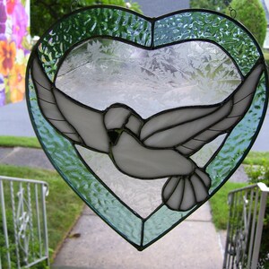 Stained Glass Dove in a Heart Sun catcher