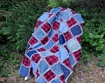 R1669 Upcycled Denim and Red and Black Buffalo Rag Quilt