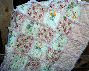 Handmade Pink Rag Quilt: Child & Floral Print Baby Blanket