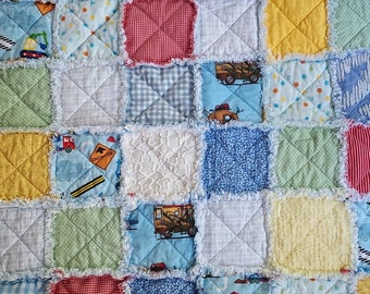 Handmade Construction Truck Baby Rag Quilt: Flannel Toddler Blanket
