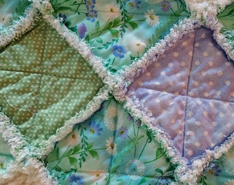 R1136 Handmade turquoise  and lavender wildflowers baby quilt