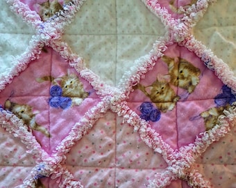 Handmade Pink Kitty Flannel Baby Rag Quilt (28x38)