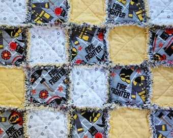 Handmade Fireman Baby Rag Quilt: Flannel Firefighter Theme