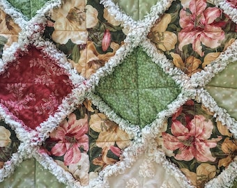 Handmade Sage Green Floral Rag Quilt: Vintage Chenille Couch Throw