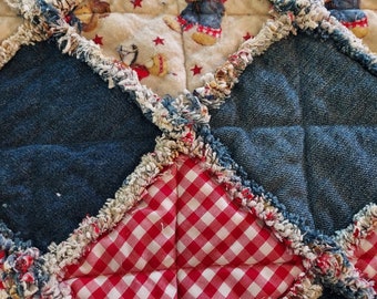 Handmade Cowboy Teddy Denim Rag Quilt: Flannel Toddler Throw