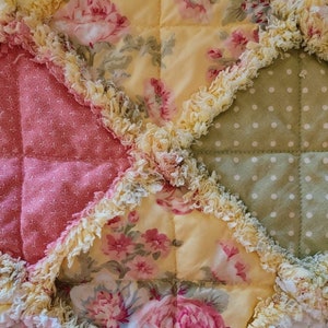 Handmade Yellow and Pink  Shabby Chic rag baby quilt, cabbage roses, ready to ship