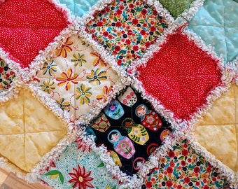 R1114 Handmade Cottage Core throw, chenille, flannel, red, black, turquoise, stacking dolls, free shipping, baby gift