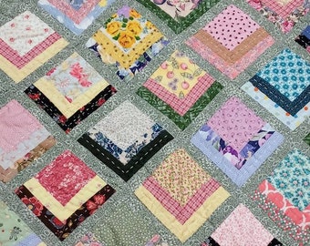 Handmade Baby Quilt: Half Log Cabin Cotton Patchwork, Flannel Backed