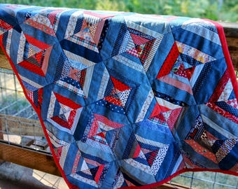 Denim String Pieced Picnic Blanket: Handmade Cotton Lap Quilt
