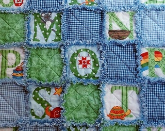 Handmade Alphabet Rag Quilt: Baby Tummy Time Blanket