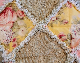 R1171 Yellow and peach cabbage roses handmade baby rag quilt