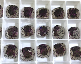 2 pieces 4470 Fuchsia Silver Patina 12mm Crystal Square Cushion Cut