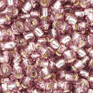 May include: A close-up of a large quantity of small, round, iridescent pink glass beads. The beads have a metallic sheen and are perfect for jewelry making.