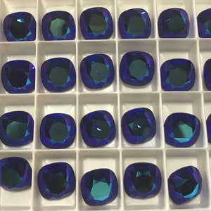 4 pieces 4470 Majestic Blue AB 12mm Crystal Square Cushion Cut with After Market Coating