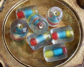 set of 2 Indian 11x15mm turquoise, yellow and orange cylinder shaped glass beads