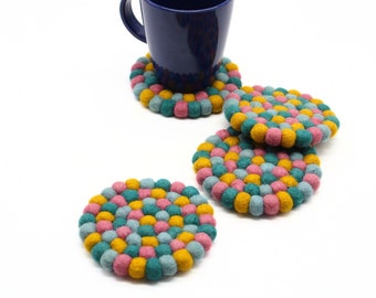 Felt Ball Coasters for Every Home, Every Beverage: Handmade with Love | Wool Coaster Sets that Save Your Surfaces| Round
