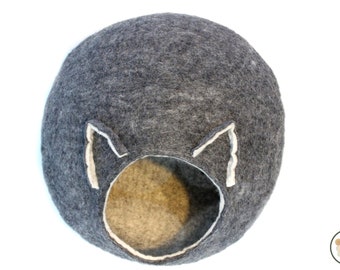 Cueva de gato de fieltro de lana gris / Casa de gato de fieltro hecha a mano para sus gatitos / Cama de gato acogedora y cómoda para la siesta pacífica del gato