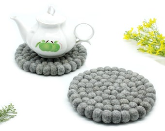 Gray Ball Trivet, Round Felt Ball Trivet Set| Handmade Potholder: Protect Your Surfaces with Kitchen Decor| Round Hotpad