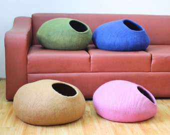 Felt Cat Cave: Durable, Soft, and Warm| Round Design Wool Pet Bed| Handmade Kitty House for Feline| Cozy and Comfortable