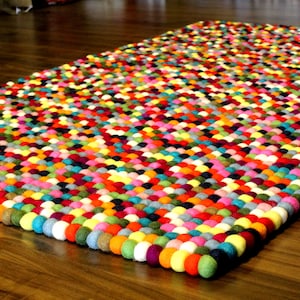 Wool Felt Multicolor Pom Pom Carpet - Rectangular Colorful Felt Ball Carpet Lotte - Pom Pom Area Rug - Home Decor -Starts From 40X60 cm -Rug