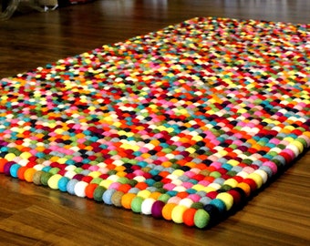 Wool Felt Multicolor Pom Pom Carpet - Rectangular Colorful Felt Ball Carpet Lotte - Pom Pom Area Rug - Home Decor -Starts From 40X60 cm -Rug