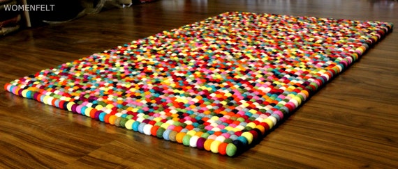 Wool Felt Multicolor Pom Pom Carpet Rectangular Colorful Etsy Israel