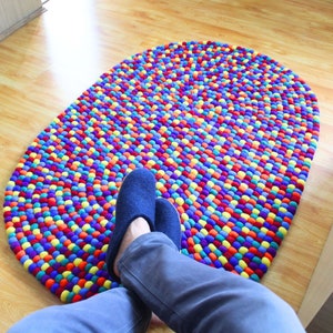 Multicolor Oval Rug| Handmade Felted Ball Carpet for Living Room| Wool Ball Carpet For Home Decoration