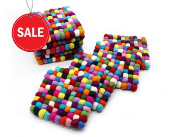 Set of 3| Multicolor Felt Trivet Sale | Handmade Felt Trivet | Square Mat Sets| Hand Felted Wool Pot Holder for Kitchen