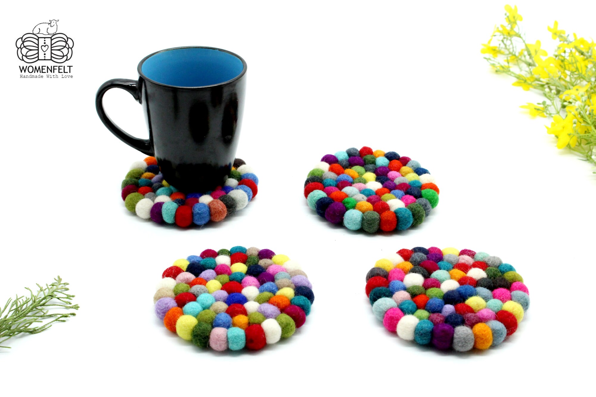 Felt Ball Coaster - Multicolor Pom 10 cm Round Set de 4 Décor Table