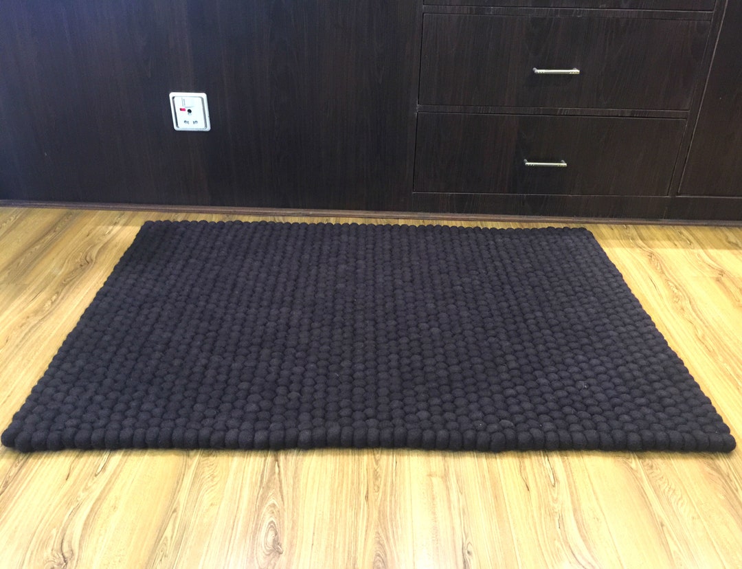 Wool Ball Rug Felt Rectangle Rug Handmade Wool Carpet Nursery Rug Pom