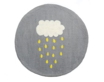 110 CM | Wool Felted Round Mat| Handmade Nursery Rug- Cloud with Raindrop|  Plain Felt Mat for Kids Room Décor: Non-Toxic and Non-Allergic!