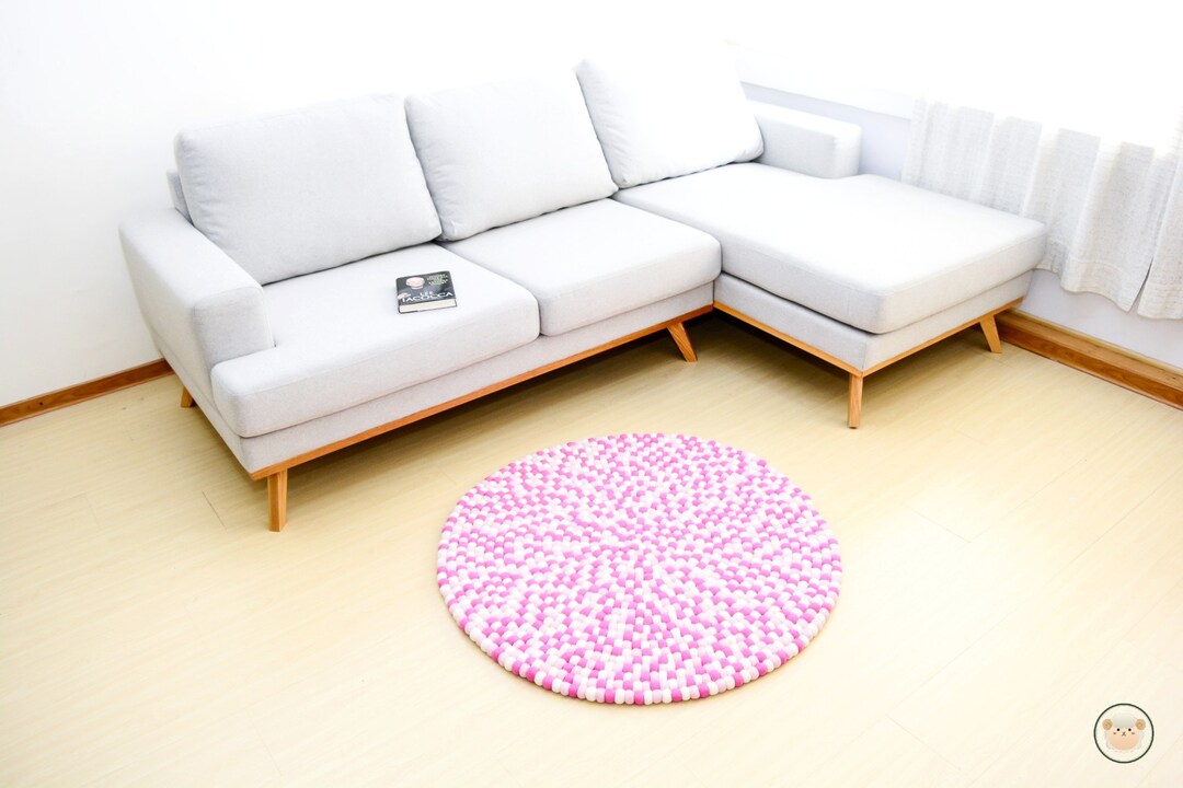 Pink and White Wool Ball Rug 40 500 CM Felt Ball Rug for Living Room