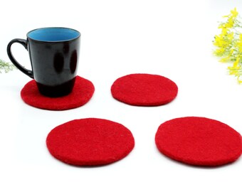 Plain Round Coaster - Wool Felted Coaster - Kitchen Coaster - Red Coaster - Felt Decorative Coaster For Kitchen - Handmade Table Coaster