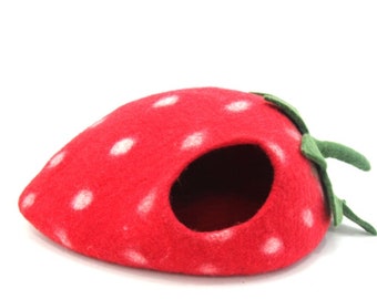 Felt Strawberry Cat Cave - Felted Handmade Cat House with Red With White Dot - Pure Wool Cat House
