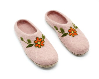 Limited Edition Slipper| Light Pink Wool Indoor Slipper with Embroidery Design | Keep your Feet Warm and Comfortable