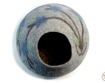 Round Gray Floral Fairy Tale Wool Cat Bed | Handmade Wool Felted Cat House | Felt Pet Cave for Kitties Comfort