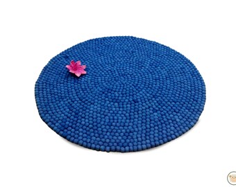 Felt Ball Nursery Rug| Blue Area Rug| 40-500cm | Pom Pom Carpet  100 % Wool Handmade Rug