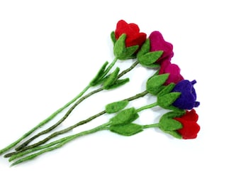Set Of 5 - Long Stem Flowers - Handmade Felt Flower Bouquet - Valentines Day Gift For Your Loved Ones - Gifts- Felt Decoration