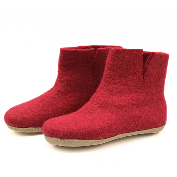 Maroon Handmade Wool Felted Slipper Boots with Suede Soles for Both Indoor and Outdoor Use