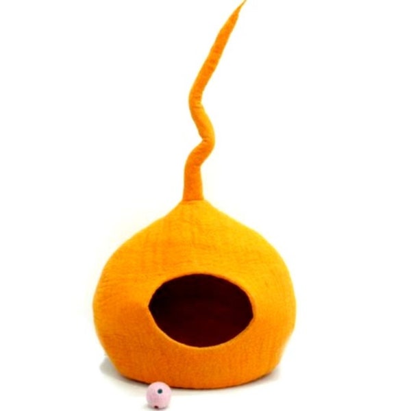 Caverne orange de chat pour votre chaton - lit de chat fait main feutré - lit de chat feutré de laine - lit de chat confortable - cadeau d'amoureux des chats