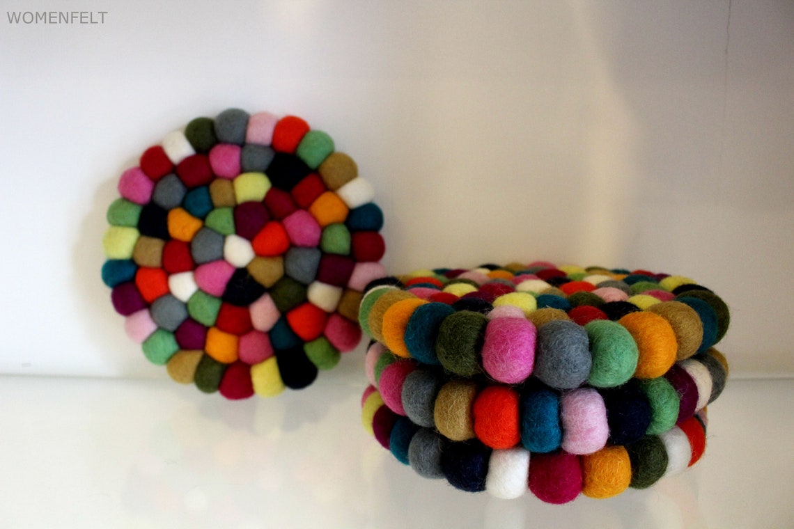 Multicolor Trivet / Rainbow handmade Trivet / Felt Ball Trivet Etsy