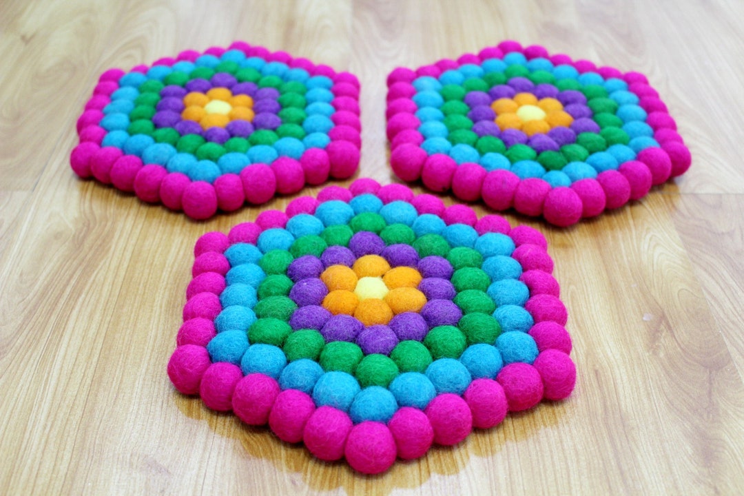 Multicolor Felt Ball Pot Trivet Felt Hexagon Trivet Wool Ball Teapot