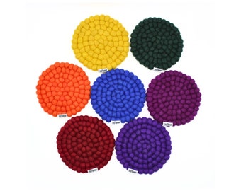 Seven Chakra Rainbow Trivets (Round) | Handmade Wool Ball Trivets in Chakra Colors| Kitchen Hot Potholder and Decor