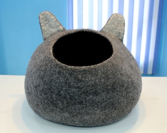 Katzenkopf Naturgrau Handgefertigtes Filzbett für Ihre Katze - Katzenliebhaber Geschenk - Aus reiner Naturwolle hergestellt