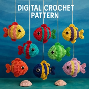 May include: A selection of vibrant, crocheted fish in shades of yellow, red, blue, and green, hanging against a blue backdrop. The words "DIGITAL CROCHET PATTERN" are at the top. Each fish features a unique striped design and a black eye.