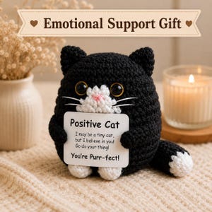 Crocheted Emotional Support Cat Plush, Positive Affirmation Gift, Desk Decor, Cat Lover Present
