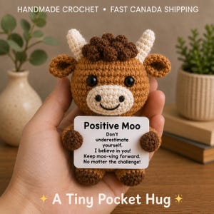 Handmade Crochet Highland Cow – Positive Moo Pocket Hug Plush – Encouragement Gift