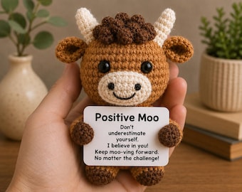 Handmade Crochet Highland Cow – Positive Moo Pocket Hug Plush – Encouragement Gift
